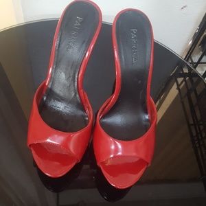 Paprika Red and black peeptoe heels